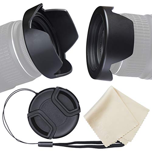 waka 77mm Camera Lens Hood Set, Reversible Tulip Flower Lens Hood + Center Pinch Lens Cap with Cap Keeper Leash + Microfiber Lens Cleaning Cloth for Nikon, Canon, Sony & Other DSLR Cameras