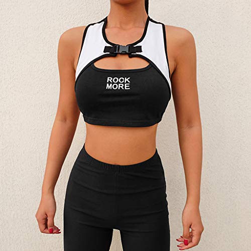 Fashion Women Sexy Letter Print Insert Buckle Casual Tank Top Short Sport Yoga Tank Top Sport Tops Racerback Tank Top Sleeveless T-Shirt for Gym Fitness Toponly