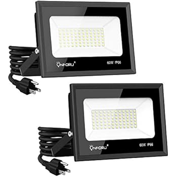 Onforu 2 Pack 60W LED Flood Light with Plug, 6500lm Super Bright LED Work Light, IP66 Waterproof Outdoor Security Lights, 5000K Daylight White Floodlight for Yard, Garden, Playground, Basketball Court