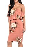 Pretid Sexy Women Floral Off Shoulder Ruffle Plain Stretch Bodycon Midi Dress