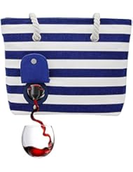 PortoVino Beach Wine Tote (Blue/White) - Beach Bag with Hidden, Insulated Compartment, Holds 2 bottles of Wine!