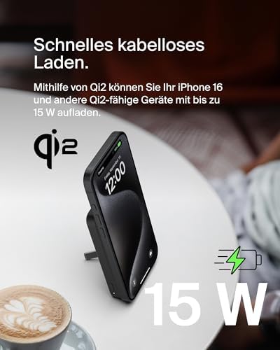 BoostCharge Pro Kabellose Powerbank 5000mAh mit Qi2, MagSafe-Kompatibles Tragbares Ladegerät mit Integriertem Ständer, für iPhone 17, iPhone Air, iPhone 16, 15, 14, Pixelsnap usw. – Schwarz