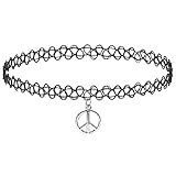 Girlprops Tattoo Choker Necklace, Peace Sign, Popular in the 80S 90S, Peace Sign Charm in Black with Silver Tone Finish