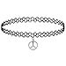 Girlprops Tattoo Choker Necklace, Peace Sign, Popular in the 80S 90S, Peace Sign Charm in Black with Silver Tone Finish