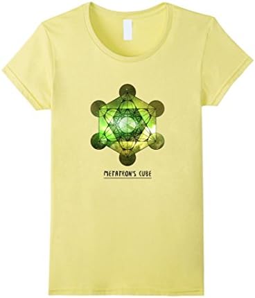 Women's Metatron's Cube Sacred Geometry Green/Yellow Galaxy T-Shirt Medium Lemon