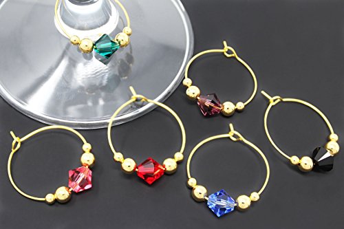 BRILLIANCE Swarovski Crystal Wine Charms (Set of 6) by Claim Your Glass - Premium Drink markers for stemmed Wine, Champagne, Martini Glasses - Includes Storage Case + BONUS Velveteen Bag (GOLD)