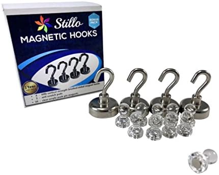 Powerful Neodymium Heavy Duty Hook Magnets 40lb 4 Pack + 10 Piece Strong Clear Acrylic Magnetic Push Pins +5 Anti-Scratch Pads for Refrigerator Whiteboard Locker Map by Stillo