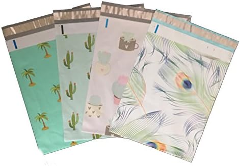 Designer Poly Mailers 10x13 : Mint Cactus, Palm Tree, Succulents, Peacock Combo; Printed Self Sealing Shipping Poly Envelopes Bag (40 Pcs Total)