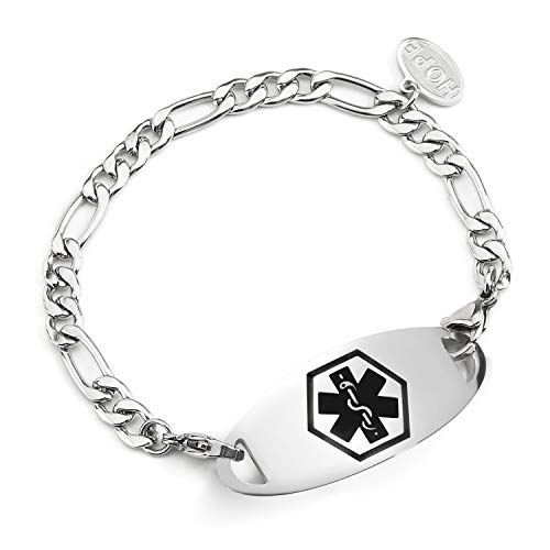 BBX JEWELRY Medical Alert ID Bracelets Stainless Steel Waterproof Figaro Chain with Black Medical ID tag for Women