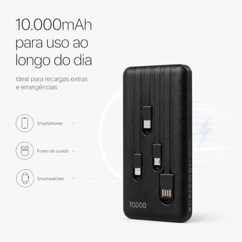 Power Bank Carregador Portátil Universal 10000mAh com Cabos Integrados USB-A, USB-C (Type-C), Micro-USB e USB-Light Carregamento Rápido Bateria Externa Compacta para Celular Android iOS