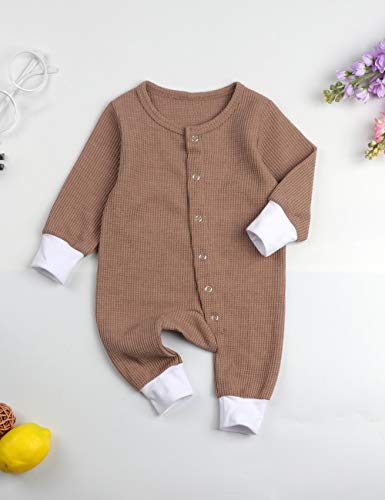 itkidboy Newborn Baby Boy Girl Cute Solid Color Long Sleeve Romper Jumpsuit with Bottons Outfits Clothes(3-6M) Brown - Thumbnail 2