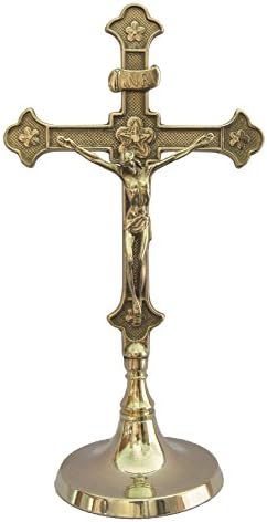 GOV Crucifix in Shiny Brass,Standing,Round Brass Base,11.5".