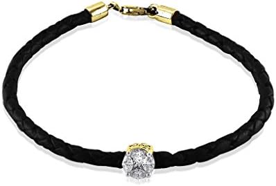 0.40 Ct.Natural Marquise & Round Shape Diamond 18K Gold Black Leather Bracelet For Men