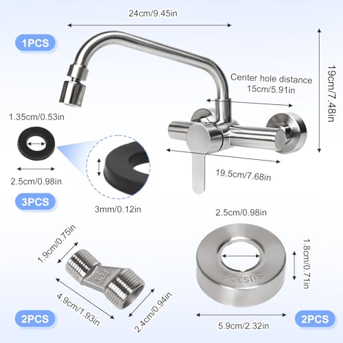 FALSKT Wall Mounted Kitchen Tap 360° Swivel Stainless Steel Kitchen Tap Wall Mixer Cold and Hot Water Outlet Can Rotate for Kitchen, Bathroom, Garden (Silver)