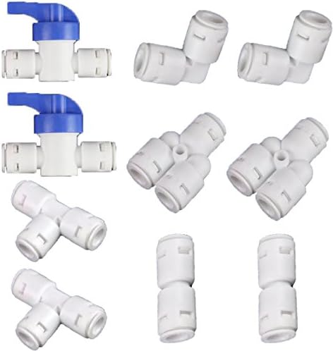 Wellyu 1/4" Tube Quick Connect For RO Water Filter Fitting Set Of 10 (2L+2Y+2T+2I+2Ball Valve)