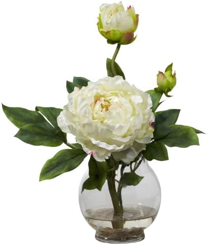 Nearly Natural 1278Wh Peony With Fluted Vase Silk Flower Arrangement White