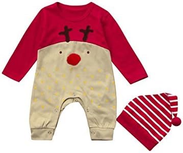 Auyes Xmas Outfits for Newborn Baby Girls Boys My First Christmas Romper with Hat Set (Red, 90/12~18Months)