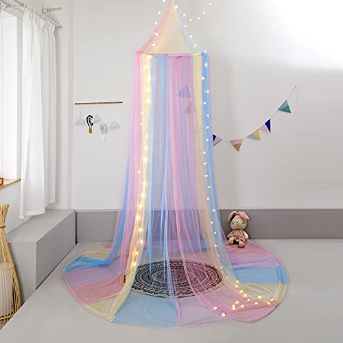 Rainbow Bed Canopy with Lights for Girls, Canopy for Girls Room Bed Netting for Twin Single Full