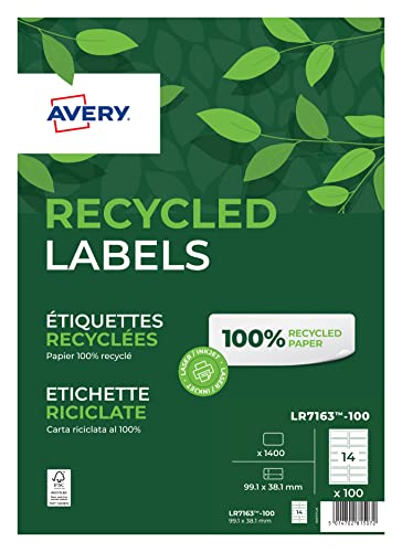 Avery Recycled LR7163-100 Address Labels, 99.1 x 38.1 mm, Permanent, 14 Labels Per Sheet, 1400 Labels Per Pack