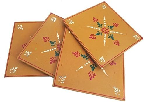 Indian Coasters Gift Mdf Board Jodhpur Handmade Ocher Yellow Tea Coaster Home Decor Table Designer Square Coasters Sets Of 4 Pcs Christmas Gift