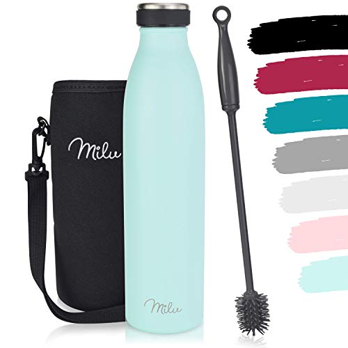 Milu Edelstahl Trinkflasche 350ml 500ml 750ml 1L 1,5L Thermosflasche, Isolierte Wasserflasche, Auslaufsichere Isolierflasche doppelwandig, Kohlensäure geeignet inkl. Reinigungsbürste (Mint, 1000ml)
