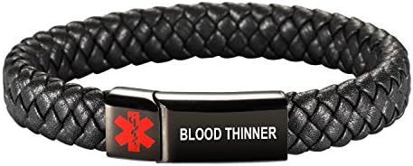 [Engraving]Leather Medical Alert Bracelet - Personalized Medical ID for Men Women Kids Custom Diabetic Alert Bracelet (21cm(8.26"), Blood thinner-Black on Black)