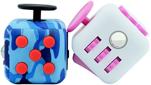 Fidget Cube Set for Fidgeters! Fidget Click Cube Toys Relief Stress, Anxiety, and Boredom for Child and Adult with White Cases - One Camo Blue Plus One Rose White