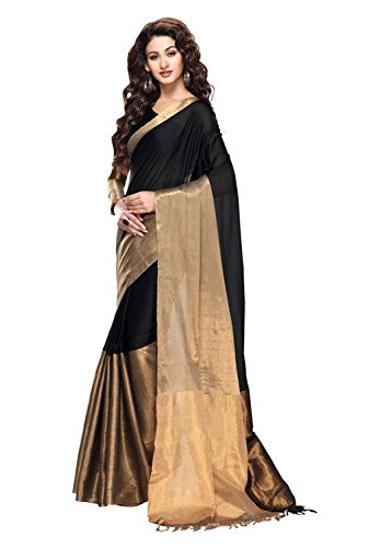 Shonaya Women's Printed Cotton Black Designer Saree With Unstitched Blouse Piece