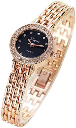 1pcs Women Fashion Analogue Quartz Movement Watches with Alloy ArmbCrystal Black Dial Chain Watches with Button Battery (Rose Gold)