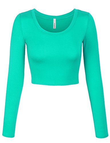KOGMO Womens Long Sleeve Basic Crop Top Round Neck with Stretch -M-Mint