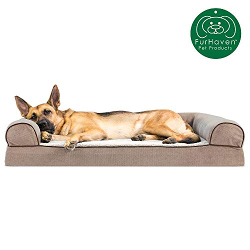 Furhaven Pet Dog Bed | Memory Foam Faux Fleece & Chenille Traditional Sofa-Style Living Room Couch Pet Bed w/ Removable Cover for Dogs & Cats, Cream, Jumbo