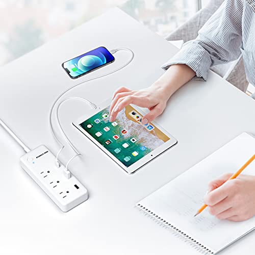UPoweradd Power Strip with USB C PD 20W for iPhone 12, 3 AC & 3 USB(30W), Overload Protection, 6ft Extension Cord Flat Plug for Cruise Travel, Home & Office - White