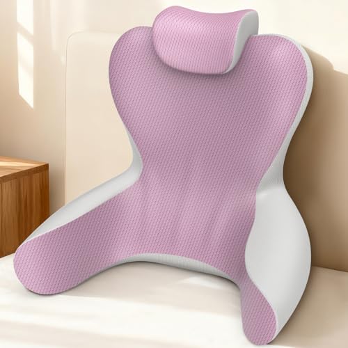 Reading Pillow for Sitting in Bed, 22”H Back Pillow for Sitting Up, Lumbar Rest & Neck Support Bed Pillows,Neck Support Memory Foam Pillows (Grey&Pink)