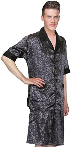 Le Ferre International Men's Smooth Satin Pajama Set - Short Sleeve Blue paisley, Blue Paisley, Medium