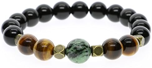 AmorWing Mens Womens Black Obsidian Tiger Eye Stone Beaded Bracelet