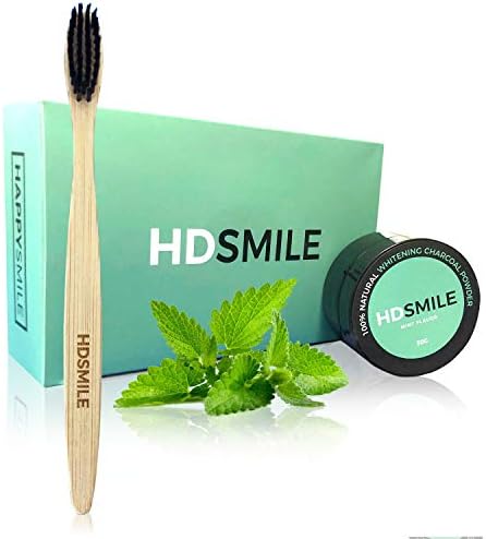 HD Smile Activated Charcoal Teeth Whitening Powder – Charcoal Teeth Whitening with Mint Flavor – Natural Effective Teeth Whitening - Teeth Whitening Kit with Bamboo Toothbrush Included