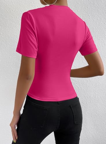 LOLONG SHORT SLEEVE BOAT NECK RUCHED SHIRTS FOR WOMEN SUMMER BUSINESS CASUAL TRENDY SLIM FITTED BASIC TOPS SOLID COTTON BLOUSES HOT PINK