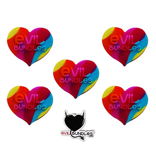 5 Evil Bundles Silicone Concentrate Wax Oil Non Stick Heart Jar Container (Rainbow) FREE PIN