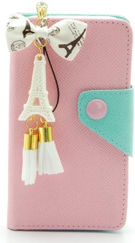 ZZYBIA S4 LMZT Pink Leatherette Case Card Holder Wallet with a Eiffel Tower Fringed Dust Plug Charm for Samsung Galaxy S4 IV I9500 I9505