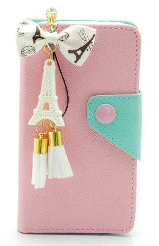 ZZYBIA S4 LMZT Pink Leatherette Case Card Holder Wallet with a Eiffel Tower Fringed Dust Plug Charm for Samsung Galaxy S4 IV I9500 I9505