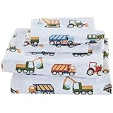Elegant Homes Construction Site Equipment Trucks Tractors Cranes Excavators Design 3 Piece Printed Sheet Set with Pillowcases Flat Fitted Sheet for Boys/Kids # Construction Trucks (Twin Size)