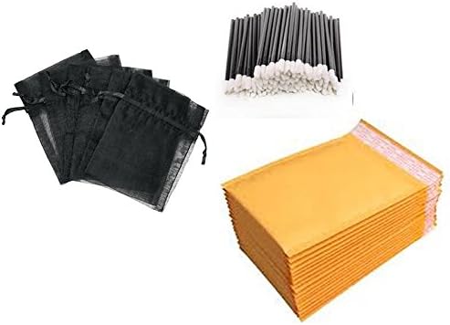 Cosmetic Distributor Starter Kit with (100) Disposable Lip Gloss Applicator, (100) 4x6 Organza Bags, and (30) 4x8 Padded Mailing Envelopes (Black)