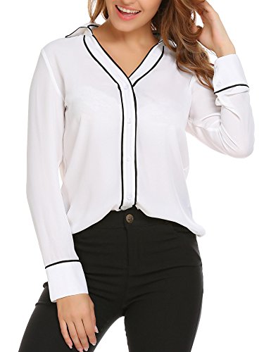 Soteer Women's Casual V Neck Loose Fit Roll Up Long Sleeve Chiffon T-Shirt Blouse Tops