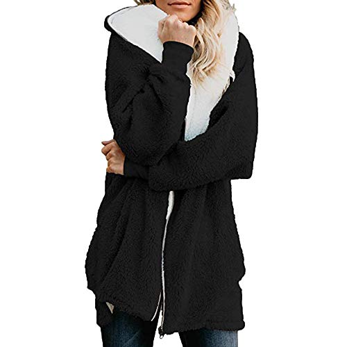 Sanyyanlsy Solid Oversized Zip Shaggy Plush Hooded Coat Ladies Winter Fluffy Long Cardigan Outwear with Pocket for Women Black