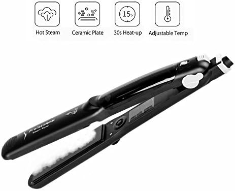 Hair Straightener w/ Steam and Flat Iron for Professional Salon or Travel Use - Vapor Ceramic Flat Iron w/ Instant Heat Up &amp; 6 Temperature for natural, thick, dry or damaged hair (Black)