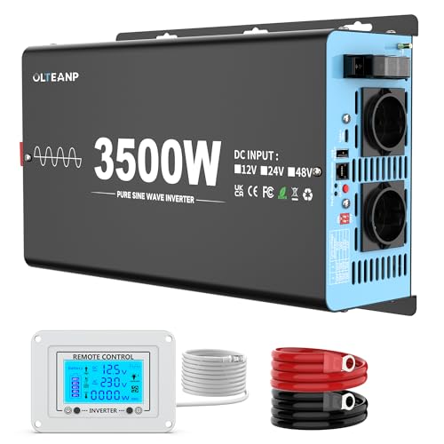OLTEANP 3500W 7000W Inverter 12v to 230v Pure Sine Wave Voltage Converter Car Inverter with LCD Screen and Remote Control 2 AC Sockets USB Port and Type C for Camper Caravan Truck