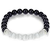 BHAVYAASHI 8mm Black Obsidian and Selenite Healing Crystal Bracelet for Women & Men – Natural Gemstone Bead Stretch Bracelet for Protection, Negative Energy Cleansing, Chakra Balancing Gift