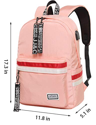 El-fmly Fashion Cute Backpack for Girl Teens Lightweight with USB Charging Port Headphone Waterproof Zipper Pink Bag