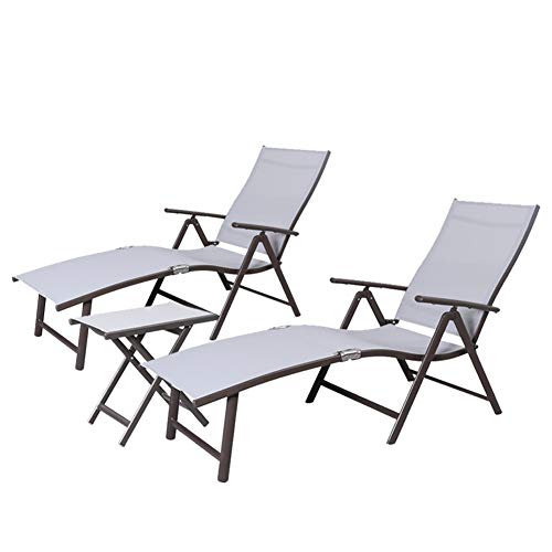 Crestlive Products Aluminum Beach Yard Pool Folding Recliner Adjustable Chaise Lounge Chair and Table Set All Weather for Outdoor Indoor, Brown Frame (Light Gray)