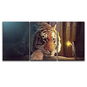 3 Panel Canvas Wall Art - Dreamlike Giant Tiger Head and a Girl Holding a Lamp - Giclee Print Gallery Wrap Modern Home Art Ready to Hang - 16"x24" x 3 Panels